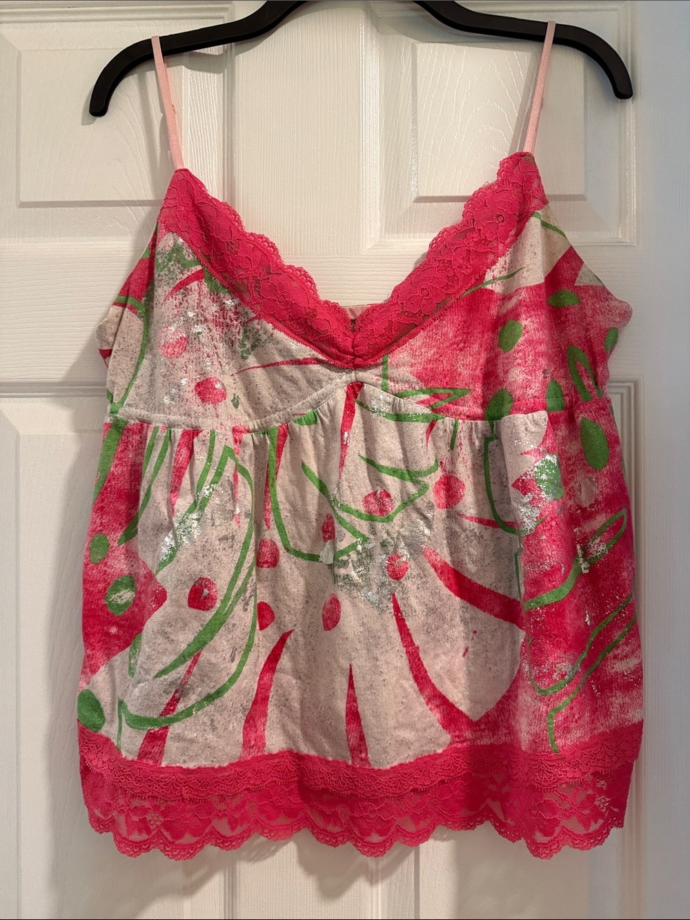 Pink Floral Lace-Trim Tank Top